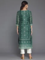 Green Printed Chanderi Silk Straight Kurta - Image 3