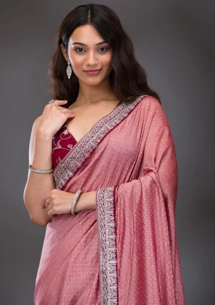 Peach Threadwork Raw Silk Saree