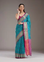 Turquoise Blue Threadwork Art Silk Saree - Image 4